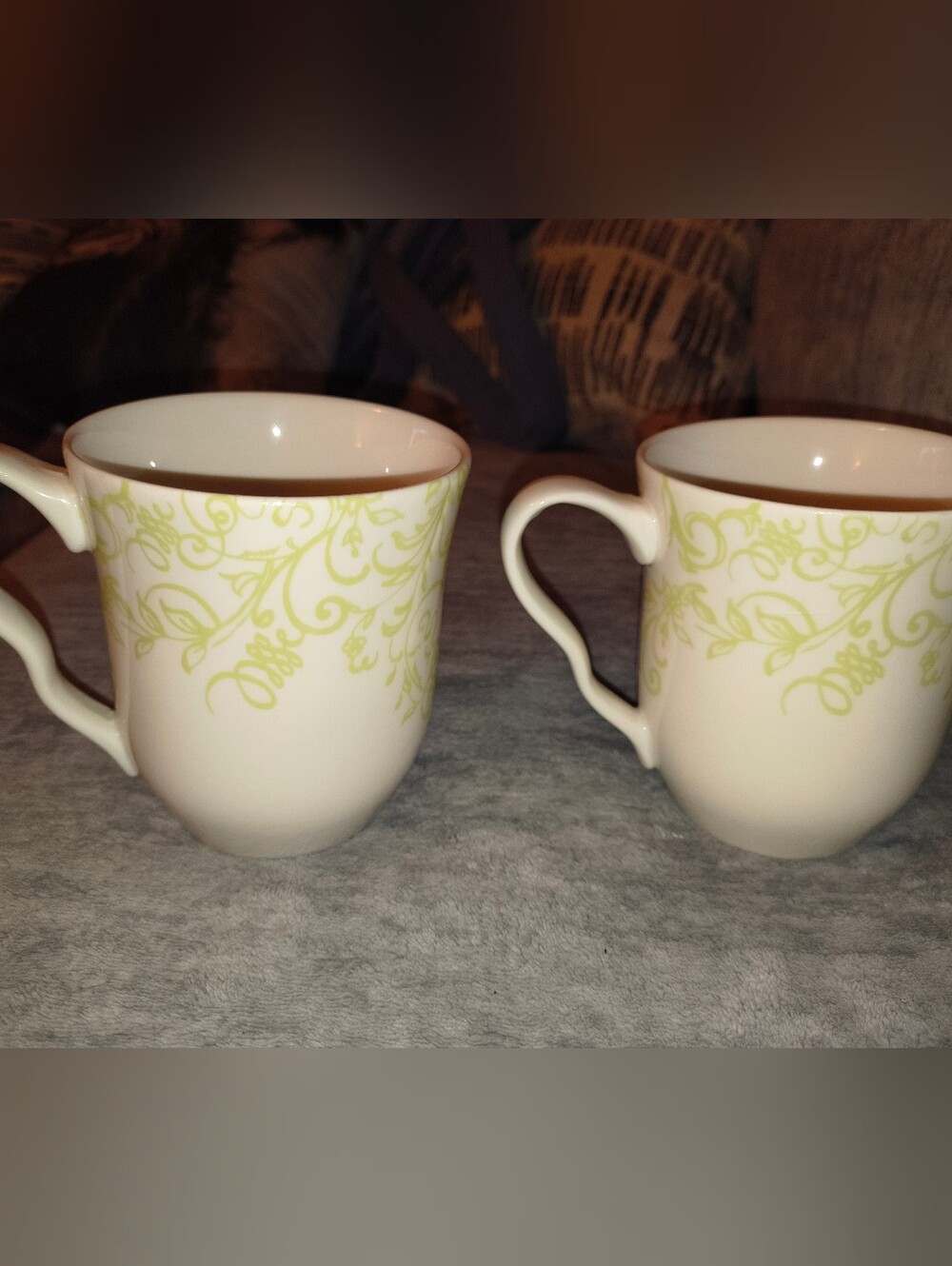 Cream Ceramic Mugs with Light Green Vine Pattern - Set of 2